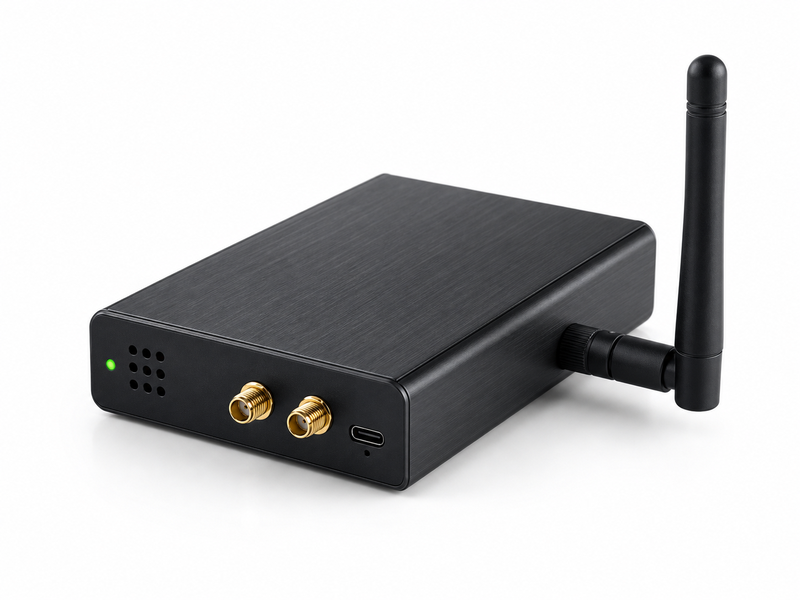 Cutiuță GSM SecureBox G2 din metal negru cu antenă, port USB-C și indicator de status